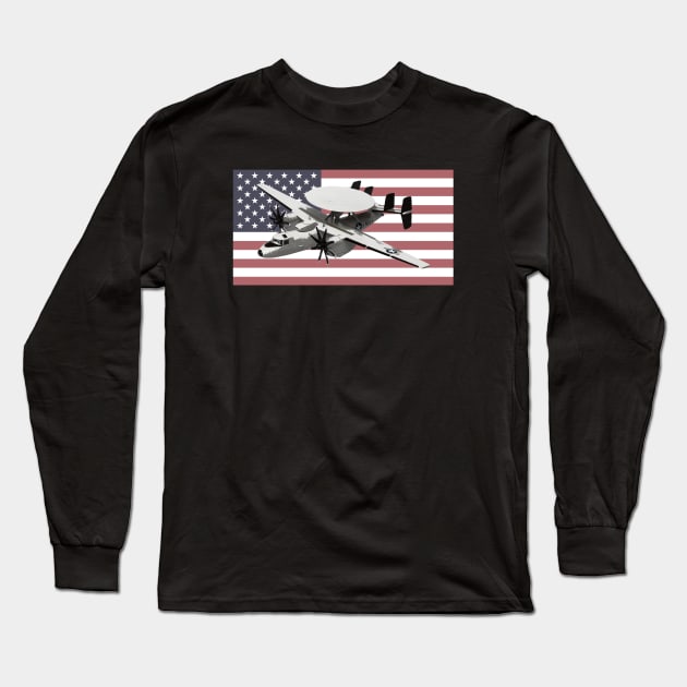 E-2 Hawkeye US Navy Airplane American Flag Long Sleeve T-Shirt by Dirty Custard Designs 